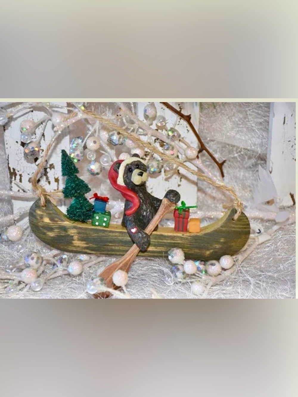 Kurt Adler Black Bear In Canoe Presents Tree Cabin Rustic Christmas Ornament New